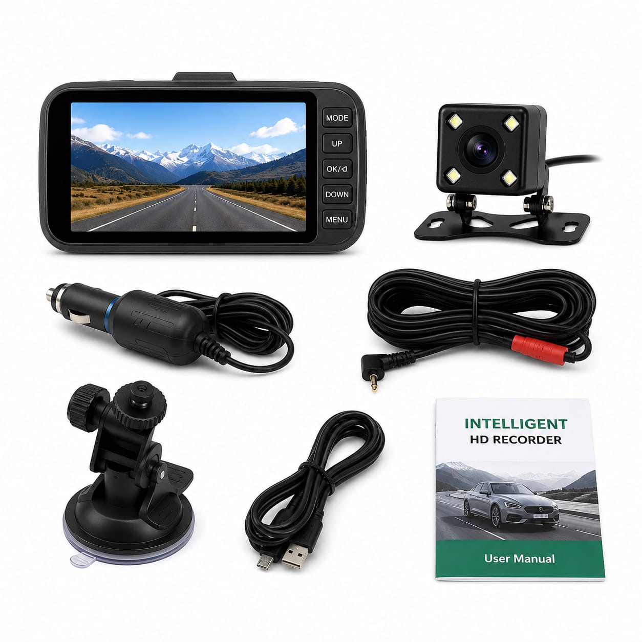 كاميرا سيارة DVR أمامي وخلفي بشاشة كبيرة HD – مسجل فيديو ذكي