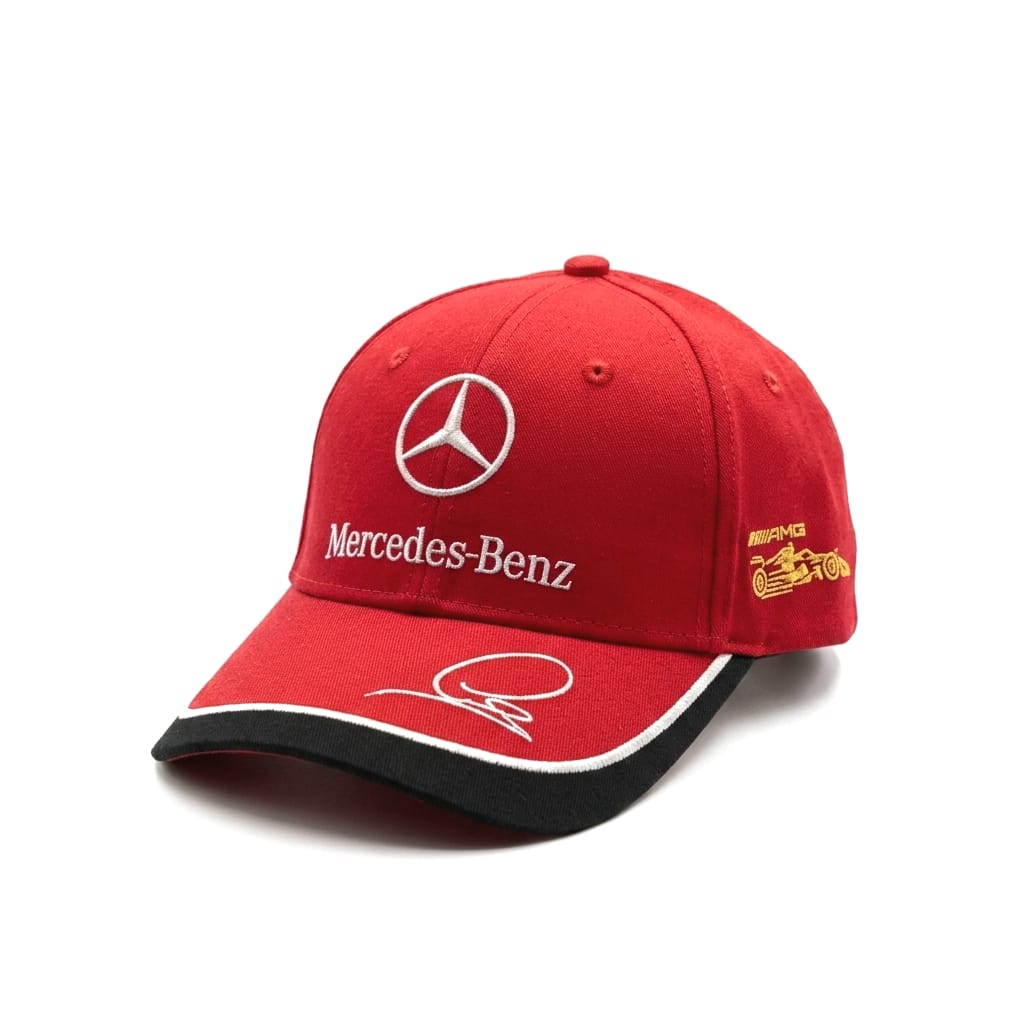قبعة بيسبول رياضية بتطريز شعار مرسيدس-بنز (Mercedes-Benz) - إصدار سباقات الفورمولا 1 باللون الأحمر